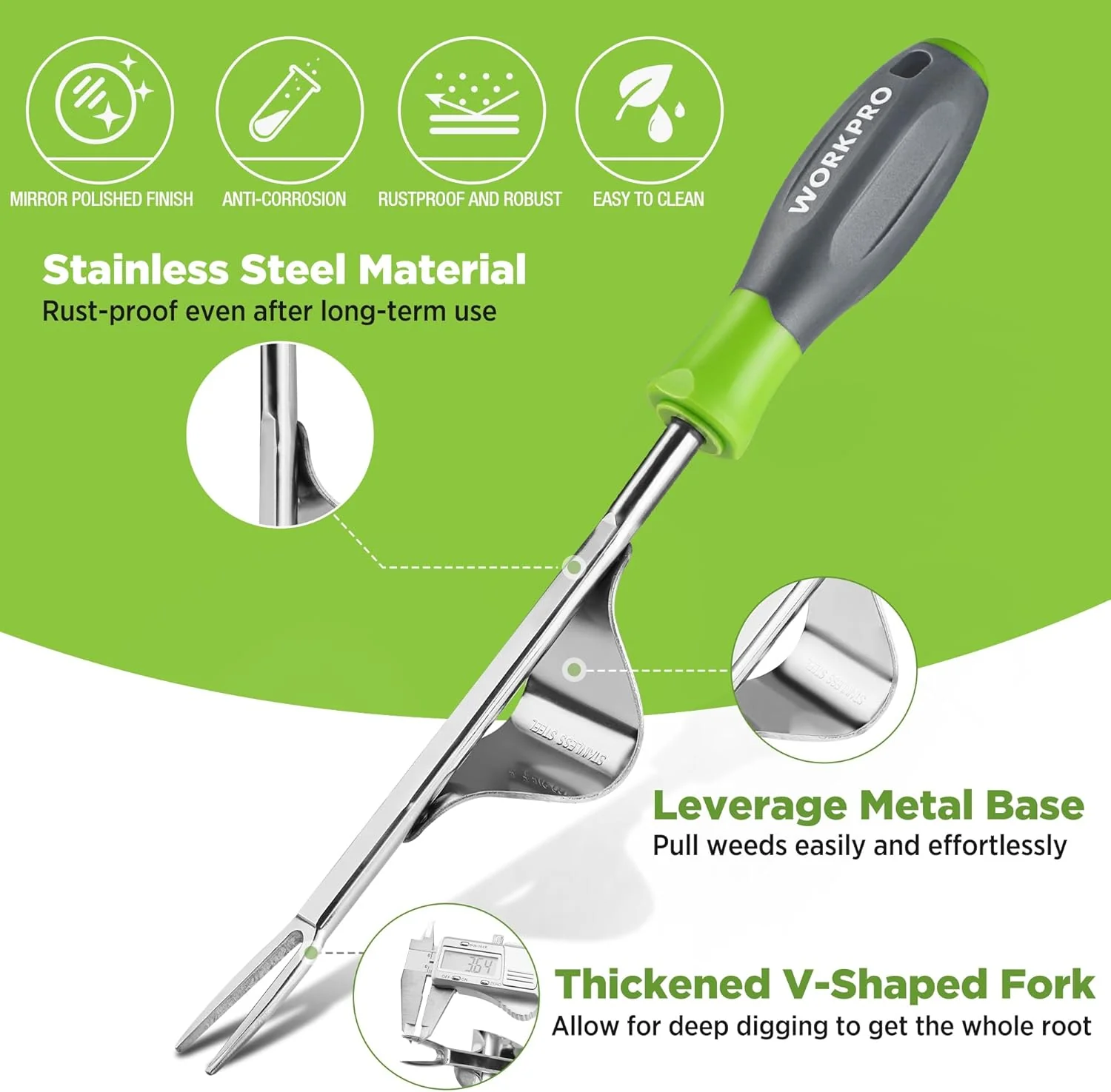 WORKPRO Weed Puller Tool, Metal Leverage Base and V-Shaped Forks for Easy Weed Removal & Deeper Root Digging, Heavy Duty Stainless Steel with Soft Handle, Manual Hand Weeder for Gardening - Image 3