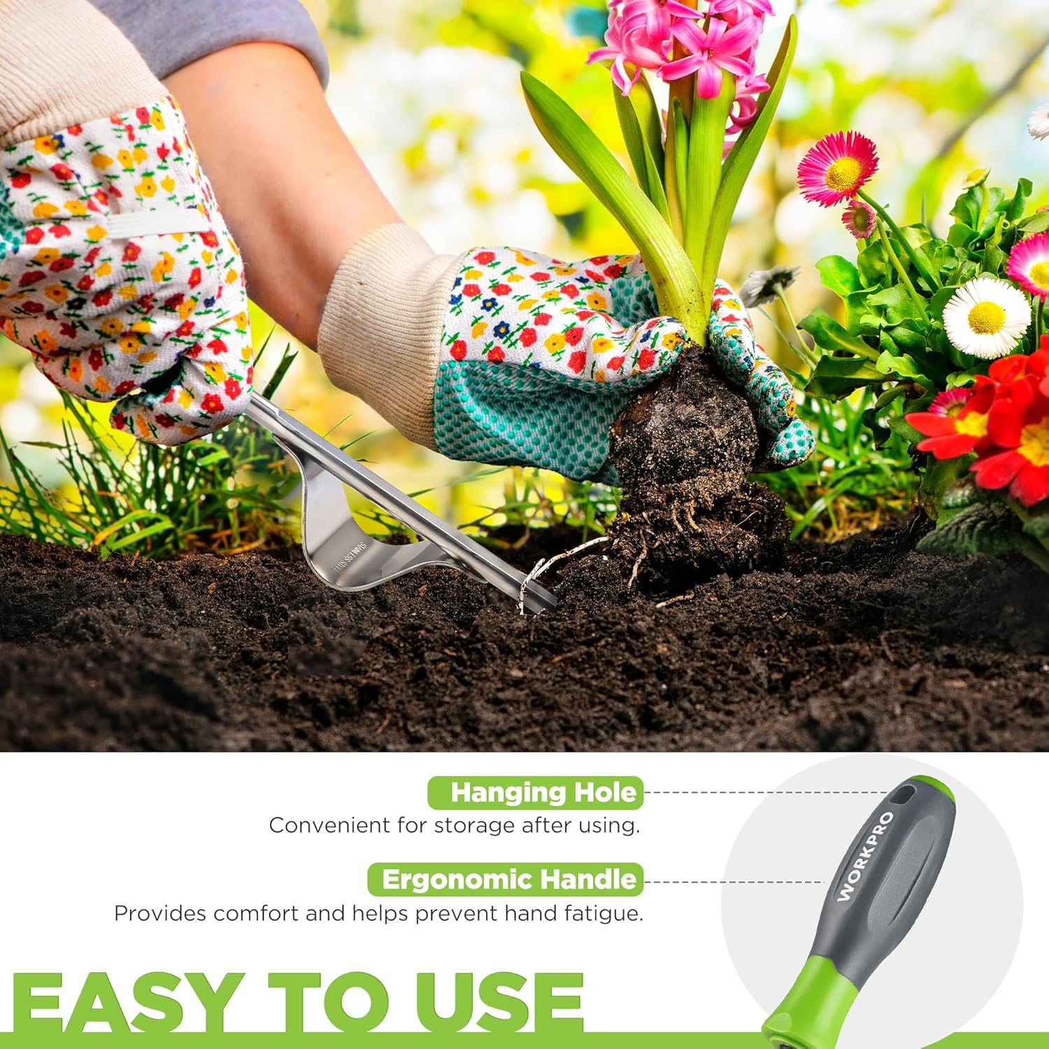 WORKPRO Weed Puller Tool, Metal Leverage Base and V-Shaped Forks for Easy Weed Removal & Deeper Root Digging, Heavy Duty Stainless Steel with Soft Handle, Manual Hand Weeder for Gardening - Image 5