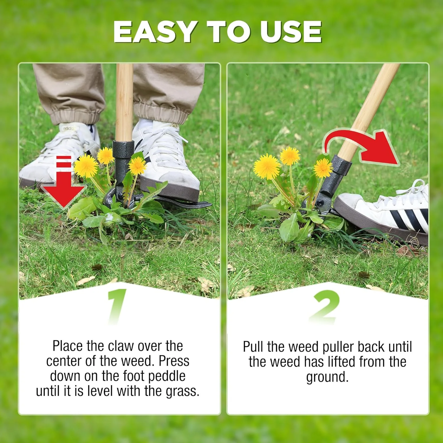 WORKPRO Weed Puller Tool with 44” Bamboo Handle, Heavy-Duty 4-Claw Cast Iron Head, Stand-Up Weeder with Foot Pedal for Dandelions, Thistles, Crabgrass, Easy Root Removal Without Bending or Kneeling - Image 6