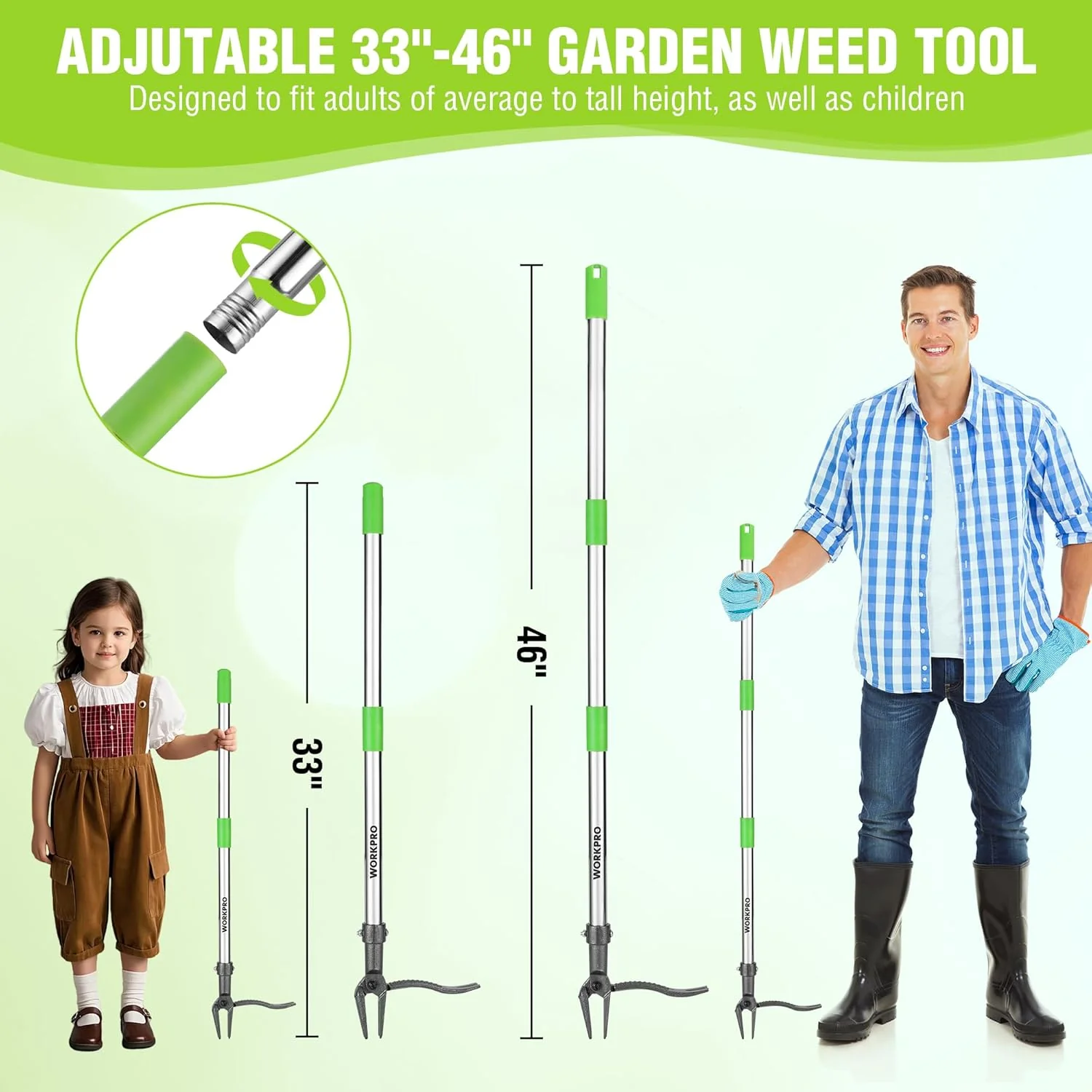 WORKPRO Weed Puller Tool with Long Adjustable Handle (33", 46"), Stand Up Heavy Duty Weed Remover- 4 Claw Steel Head & Foot Pedal for Easy Weeding, Detachable Dandelion Picker for Lawn/Yard/Garden - Image 2