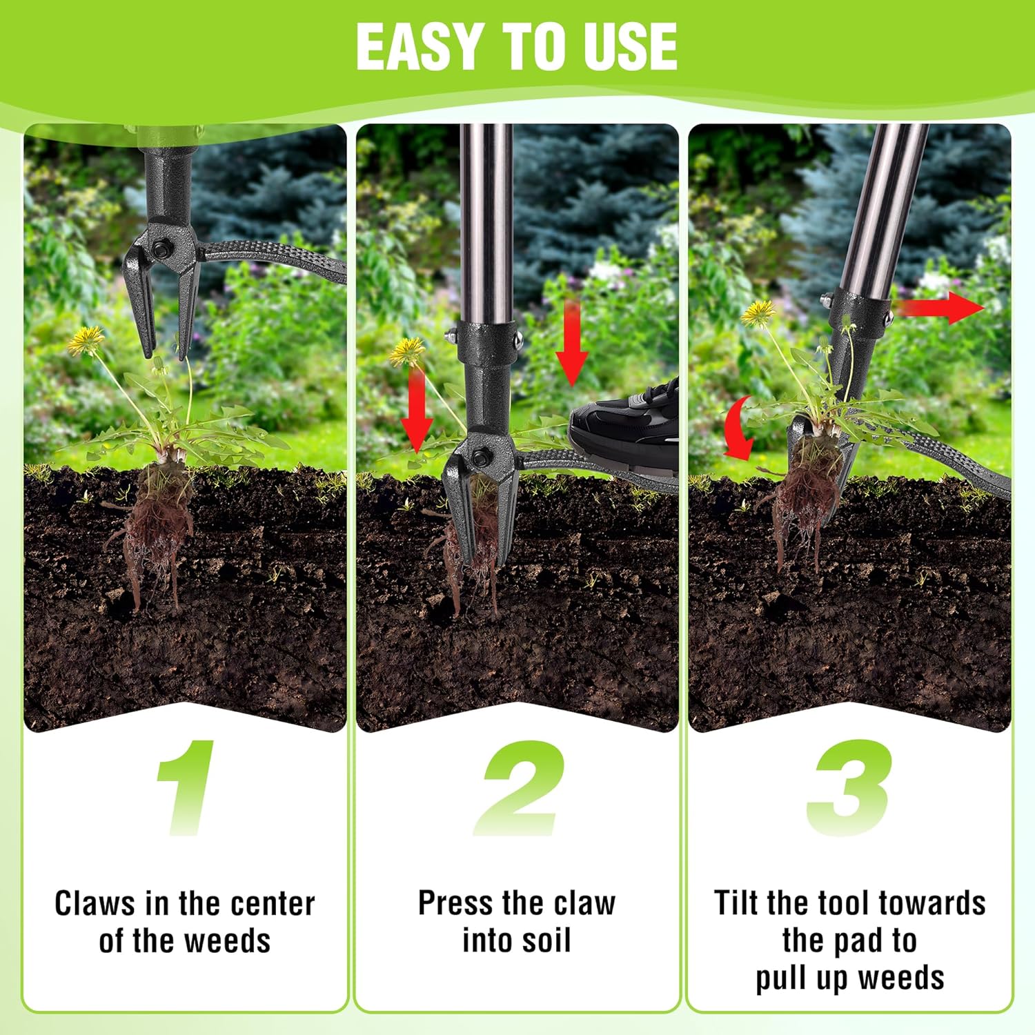 WORKPRO Weed Puller Tool with Long Adjustable Handle (33", 46"), Stand Up Heavy Duty Weed Remover- 4 Claw Steel Head & Foot Pedal for Easy Weeding, Detachable Dandelion Picker for Lawn/Yard/Garden - Image 3
