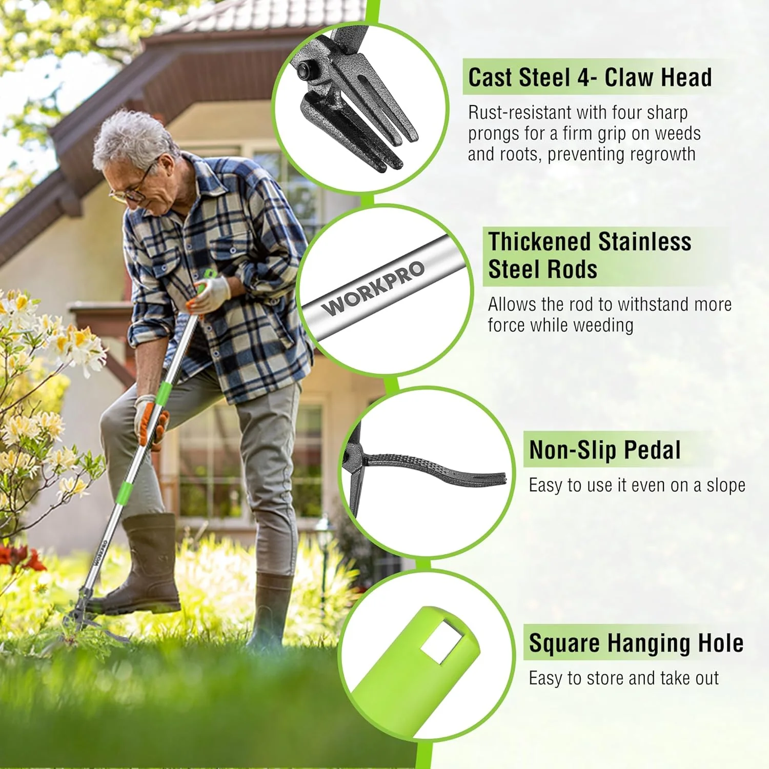 WORKPRO Weed Puller Tool with Long Adjustable Handle (33", 46"), Stand Up Heavy Duty Weed Remover- 4 Claw Steel Head & Foot Pedal for Easy Weeding, Detachable Dandelion Picker for Lawn/Yard/Garden - Image 4