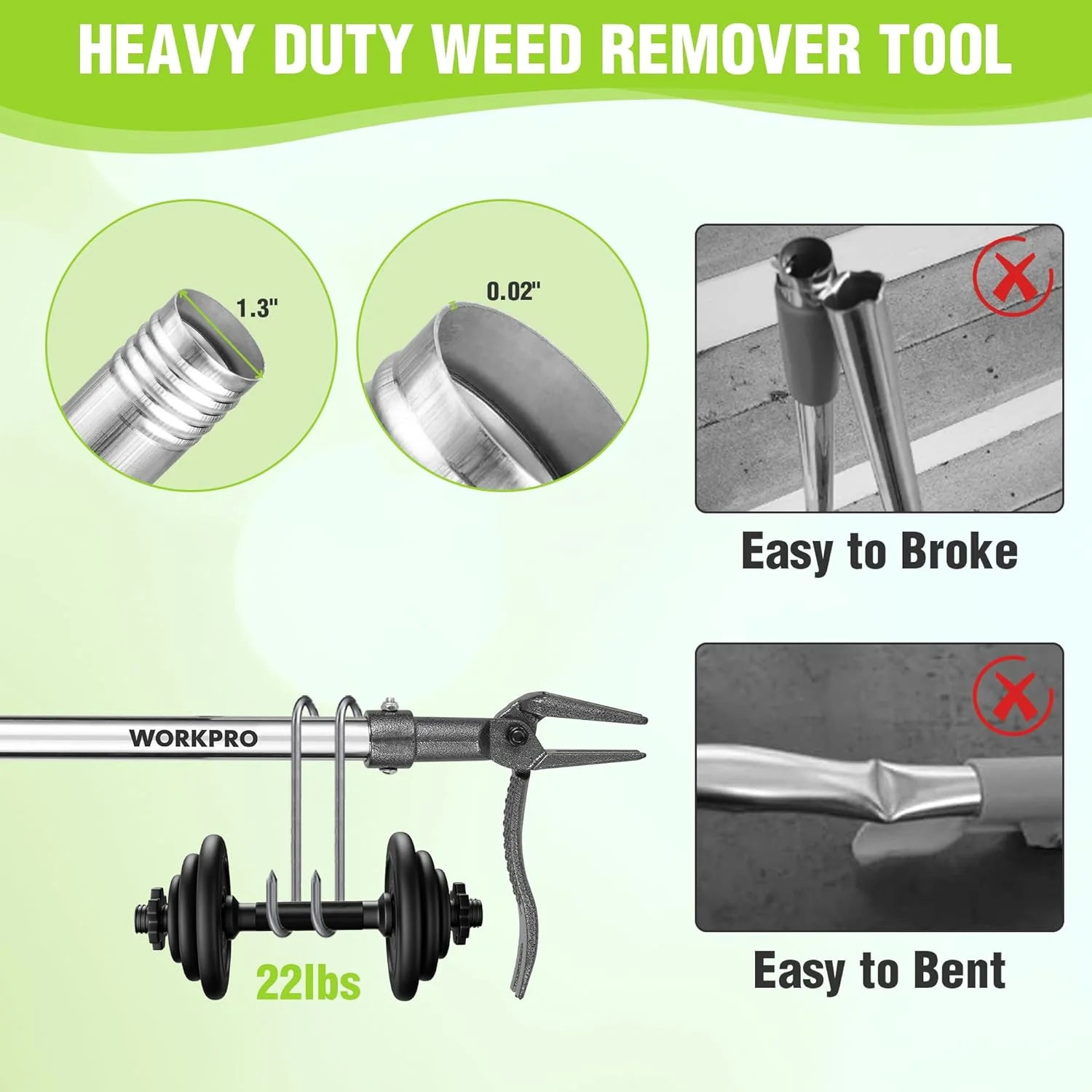 WORKPRO Weed Puller Tool with Long Adjustable Handle (33", 46"), Stand Up Heavy Duty Weed Remover- 4 Claw Steel Head & Foot Pedal for Easy Weeding, Detachable Dandelion Picker for Lawn/Yard/Garden - Image 5