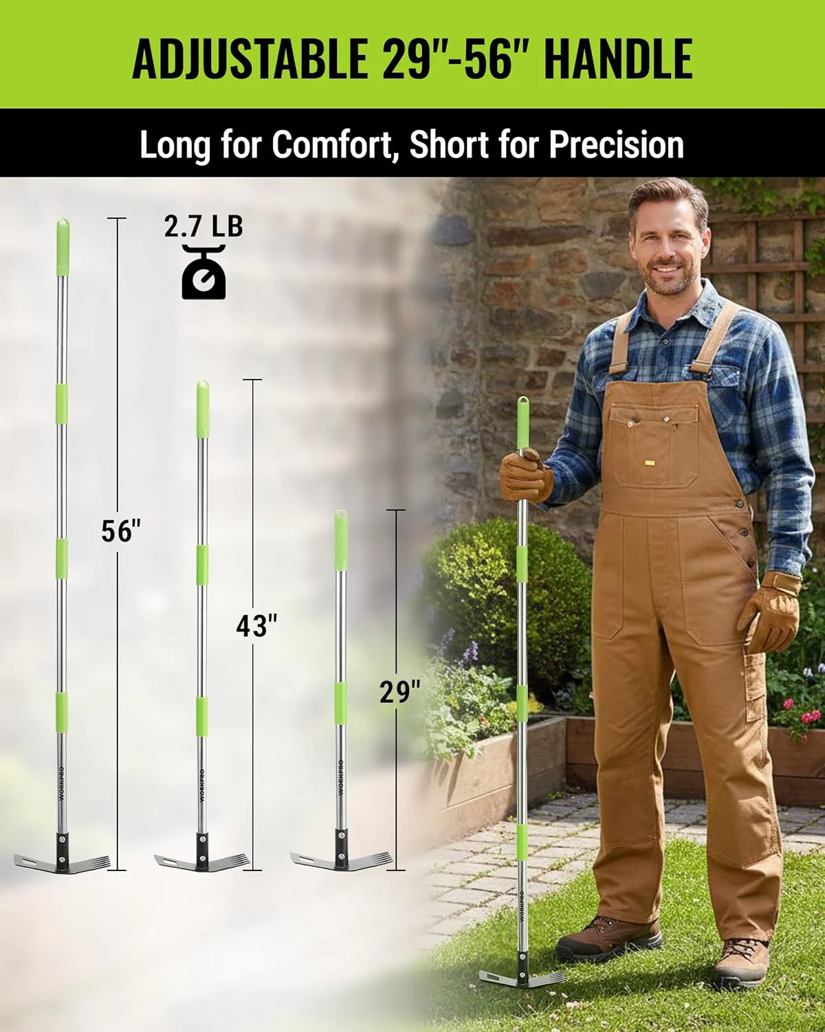 WORKPRO Weed Puller Tool with Long Handle – 2-in-1 Garden Hoe & Weed Rake, 29"-56" Adjustable Manual Weeding Tool, Uprooting Weed Remover Gardening Weeder Tools for Yard, Lawn, Patio and Garden - Image 3