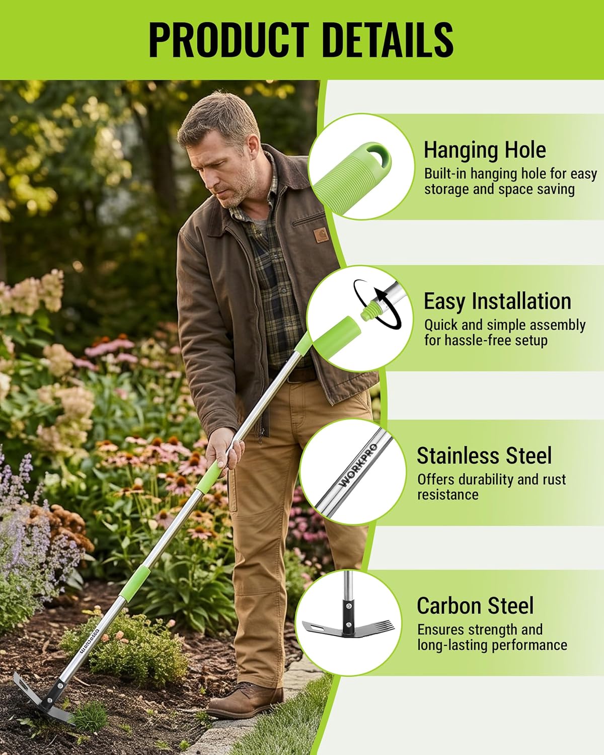 WORKPRO Weed Puller Tool with Long Handle – 2-in-1 Garden Hoe & Weed Rake, 29"-56" Adjustable Manual Weeding Tool, Uprooting Weed Remover Gardening Weeder Tools for Yard, Lawn, Patio and Garden - Image 5