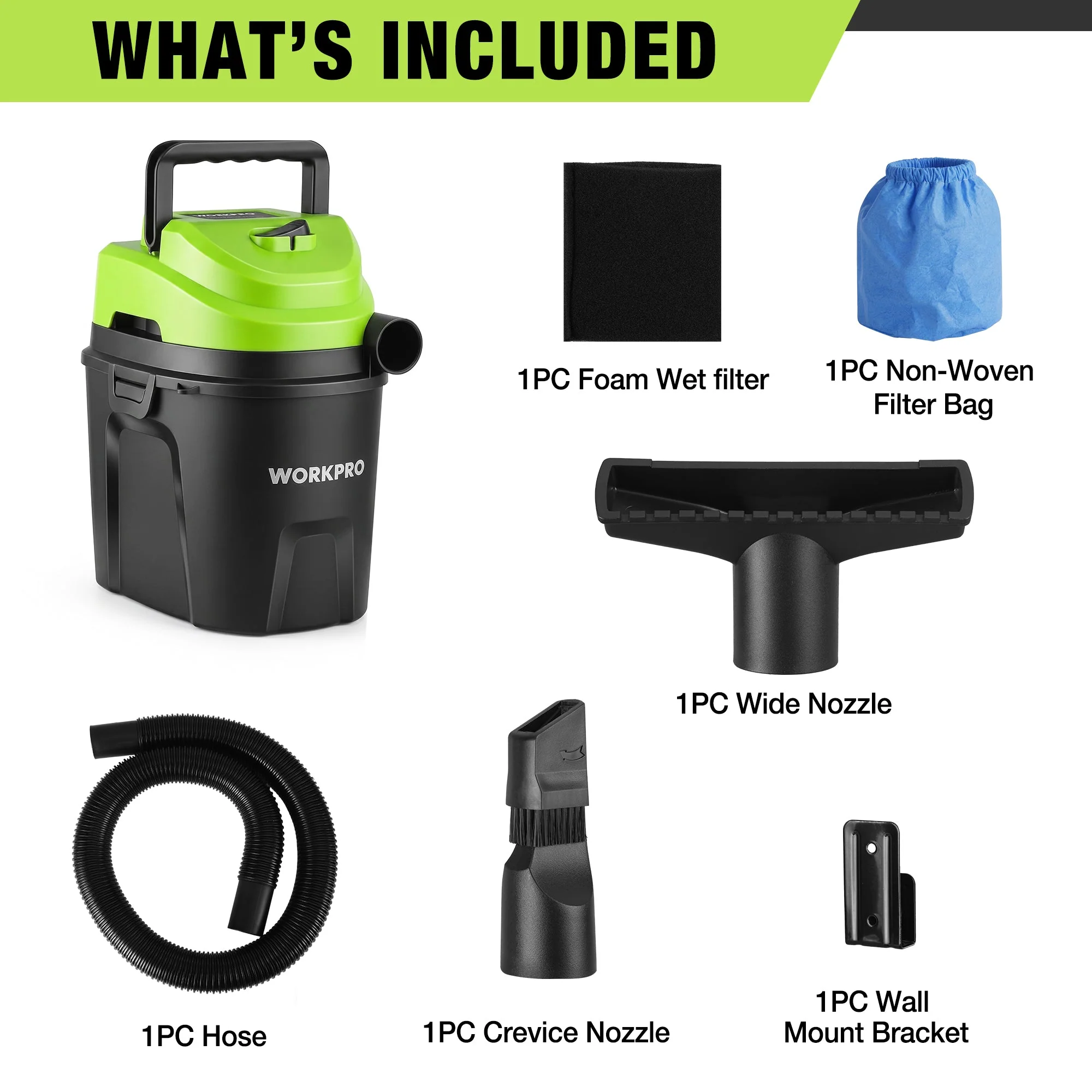 WORKPRO Wet Dry Vacuum 1.5 Gallon 2.5 Peak Horsepower 3-in-1 Portable Shop Vacuum Cleaner Black W125442AW - Image 5