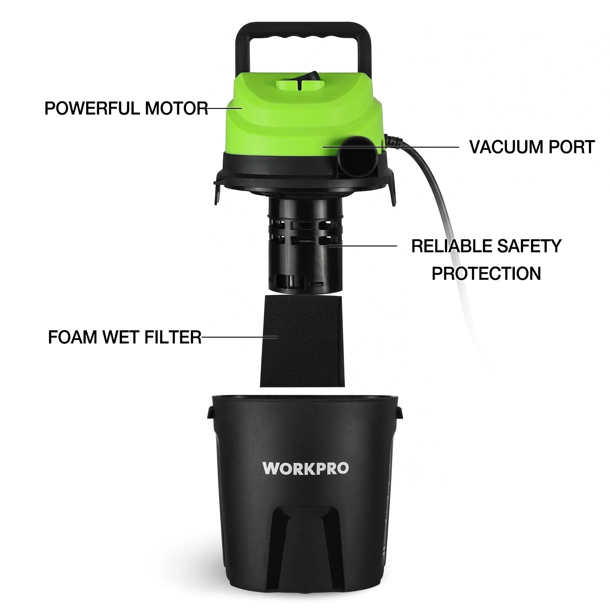 WORKPRO Wet Dry Vacuum 1.5 Gallon 2.5 Peak Horsepower 3-in-1 Portable Shop Vacuum Cleaner Black W125442AW - Image 6