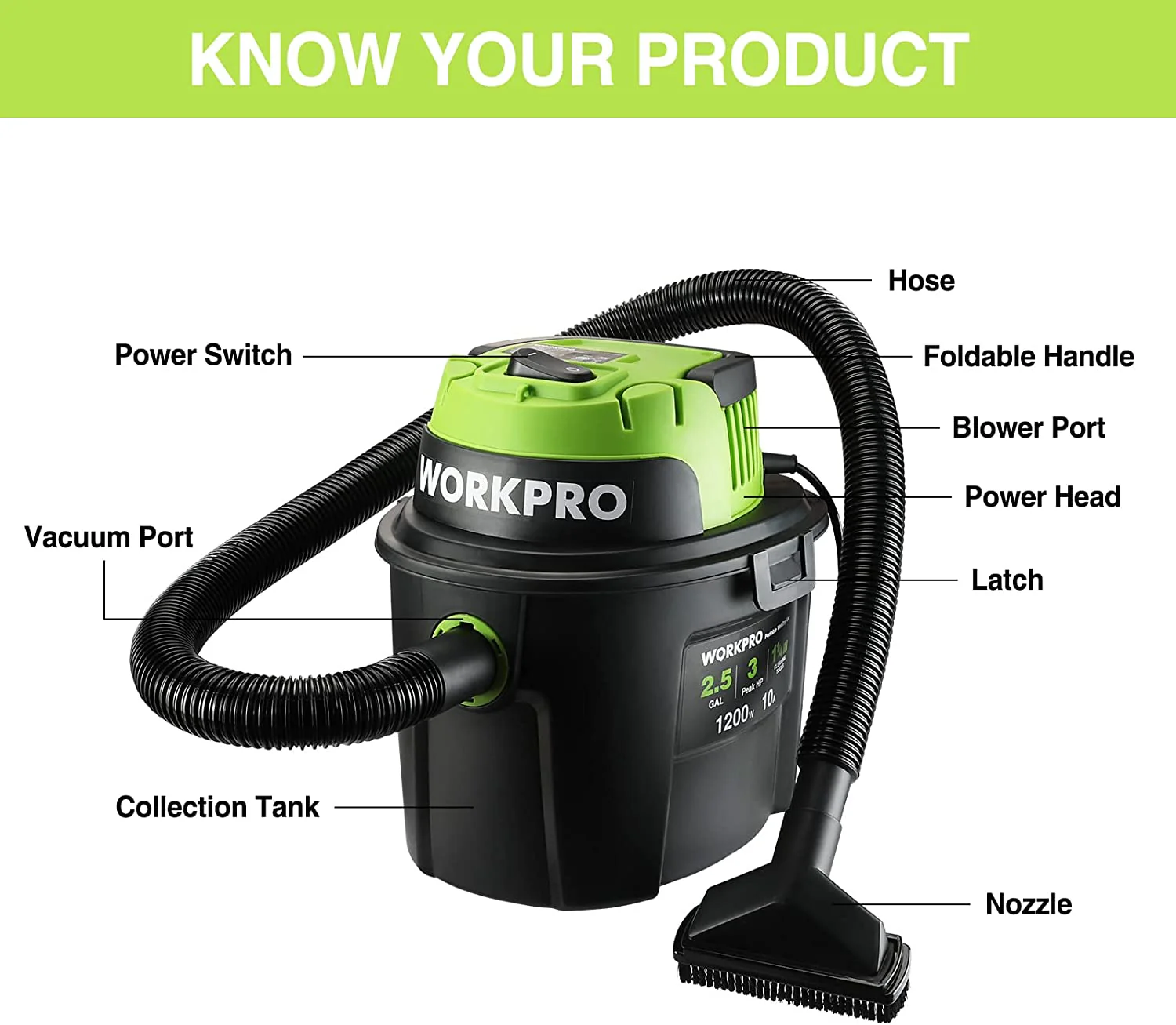 WORKPRO Wet/Dry Vacuum 2.5 Gallon 3 Peak Horsepower, Portable Shop Vacuum Cleaner for Home - Image 5