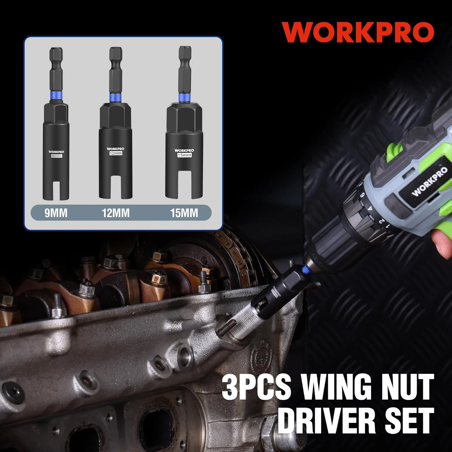 WORKPRO Wing Nut Driver Set 3 PCS, Power Wing Nut Driver Bit (9mm,12mm,15mm), 1/4 Inch Hex Shank Nut Driver, Wing Nut Socket for Wing Nut, Eye Bolt, Wire Twisting - Image 5