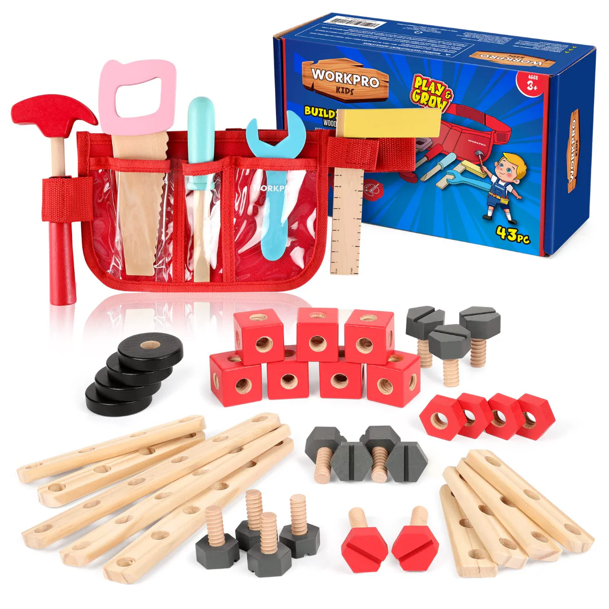 WORKPRO 24 Pcs/43 Pcs/70 Pcs Wooden Building Toy Tool Kit, Great Gift for Toddlers 3+ - Image 5