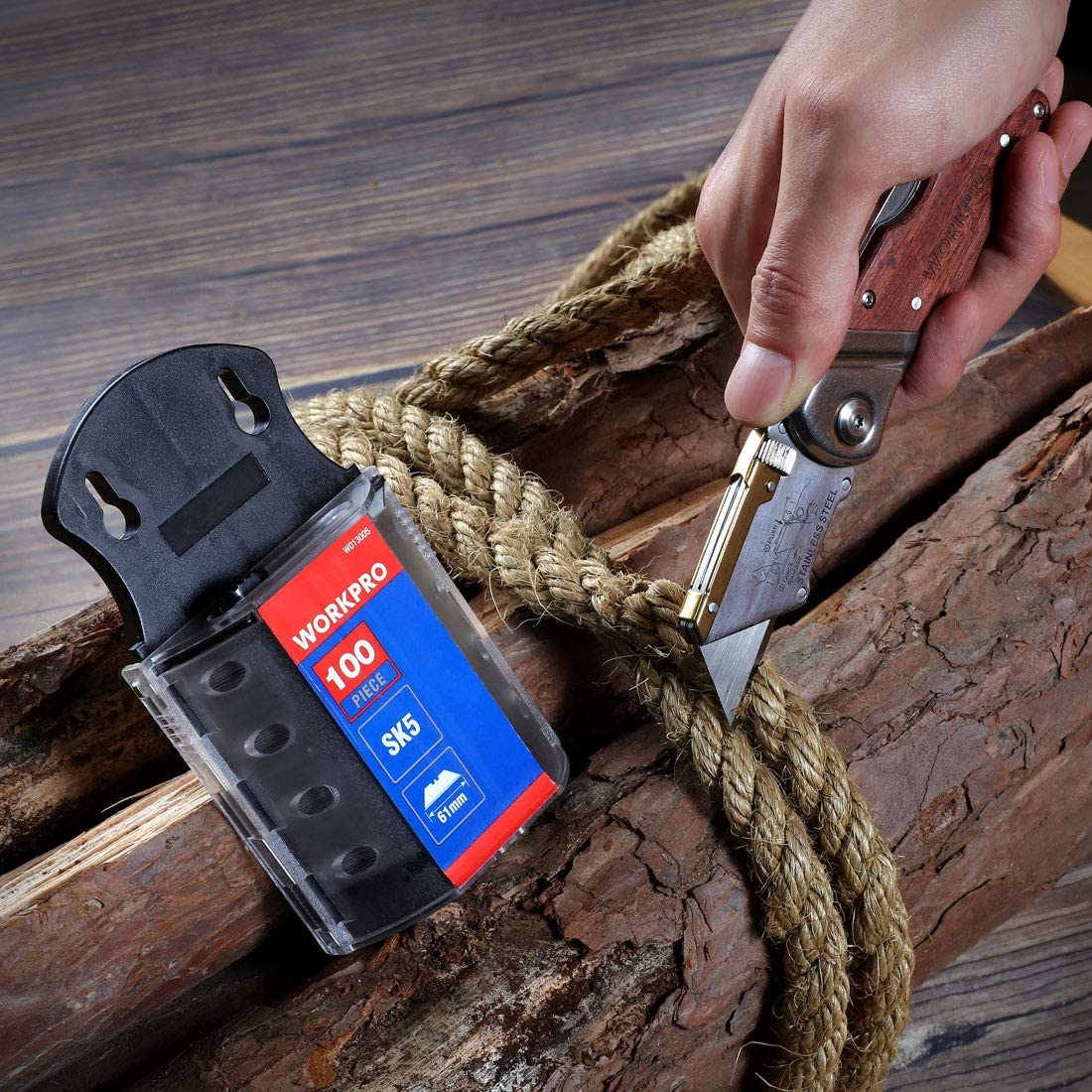 WORKPRO Folding Utility Knife Wood Handle Heavy Duty Cutter - Image 6