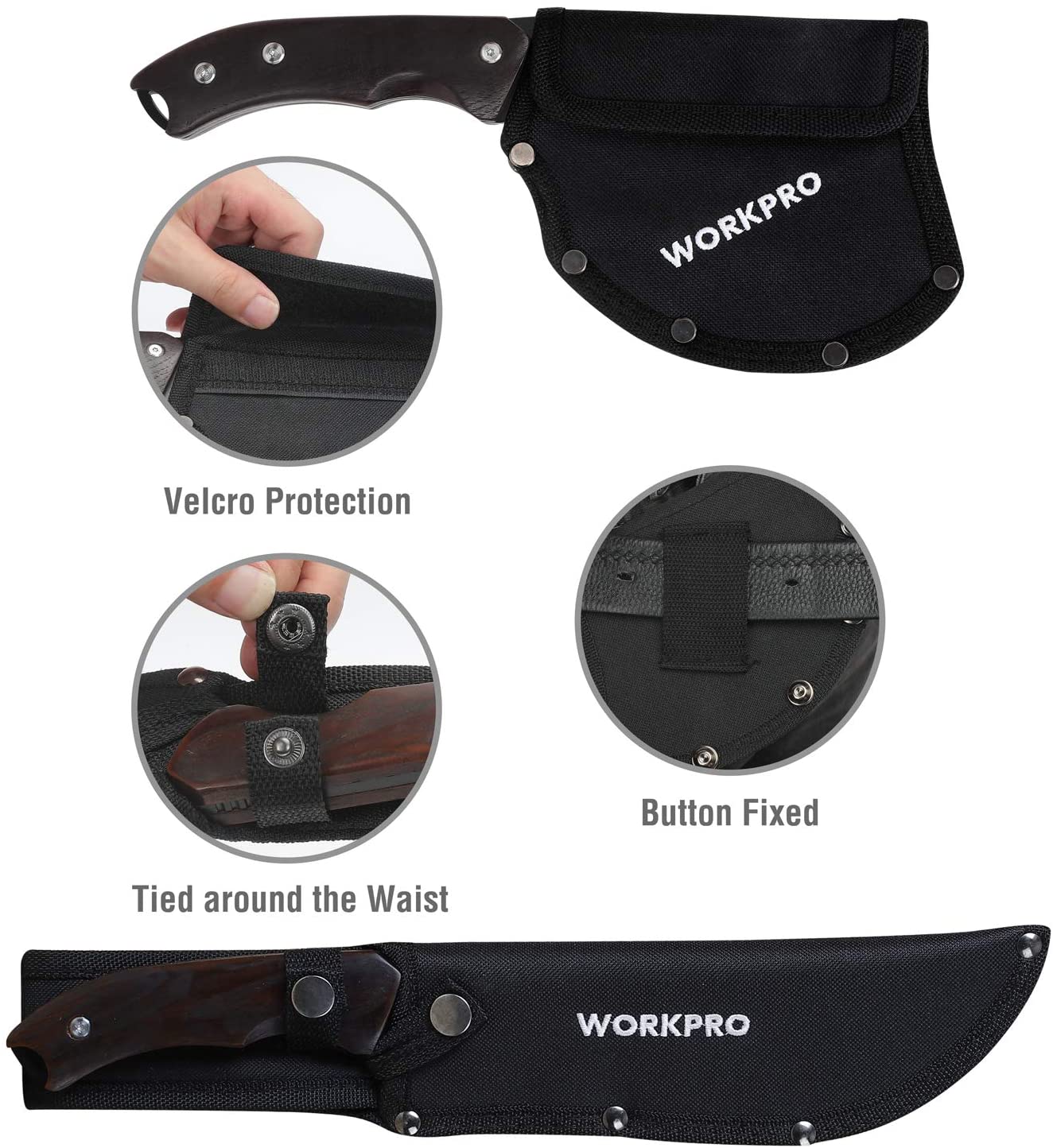 WORKPRO Full Tang Wood Handle Axe and Fixed Blade Knife Combo Set with Nylon Sheath - Image 4
