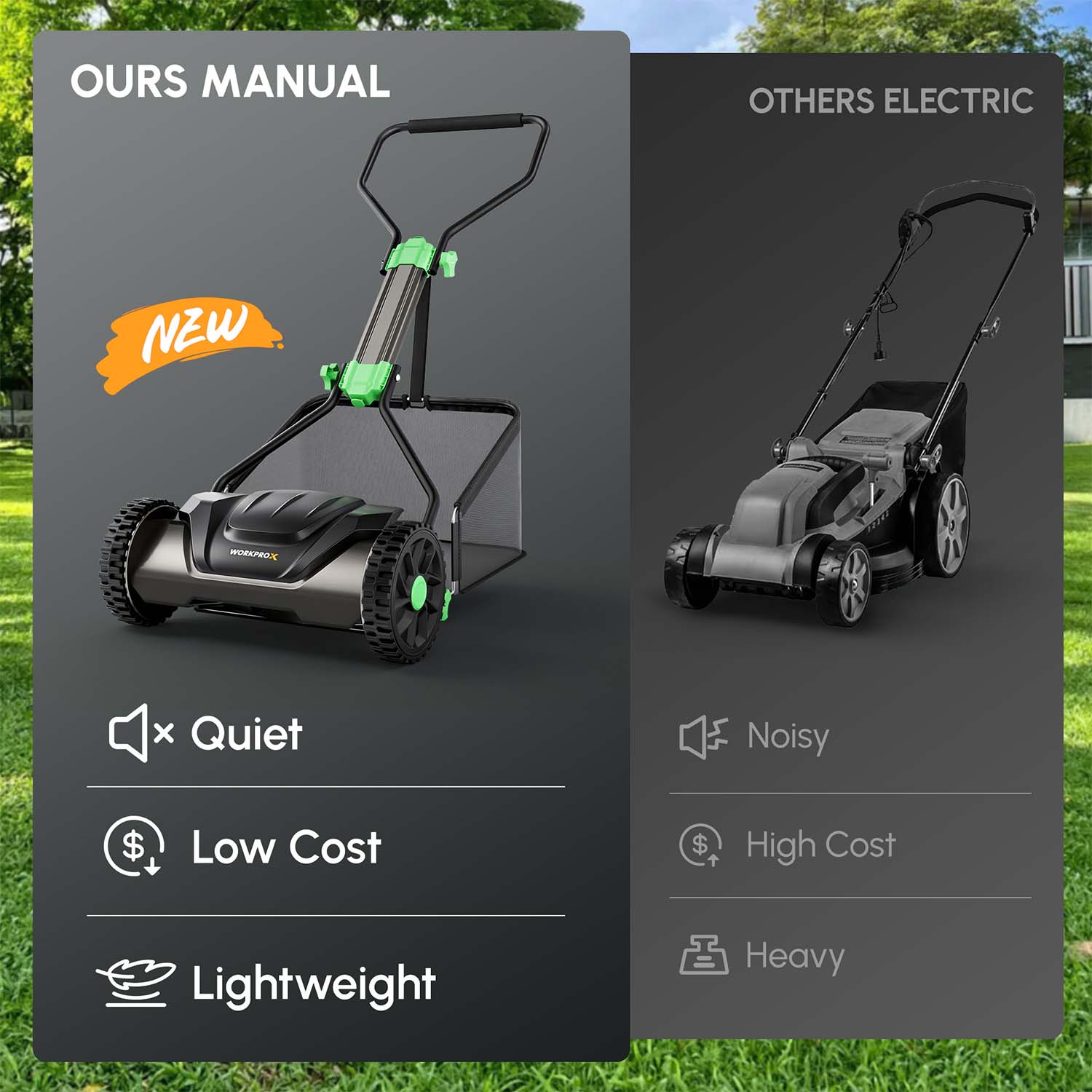 WORKPROX 16" Push Reel Lawn Mower with Grass Catcher, 5-Blade Manual Mower, Adjustable Height - Image 10