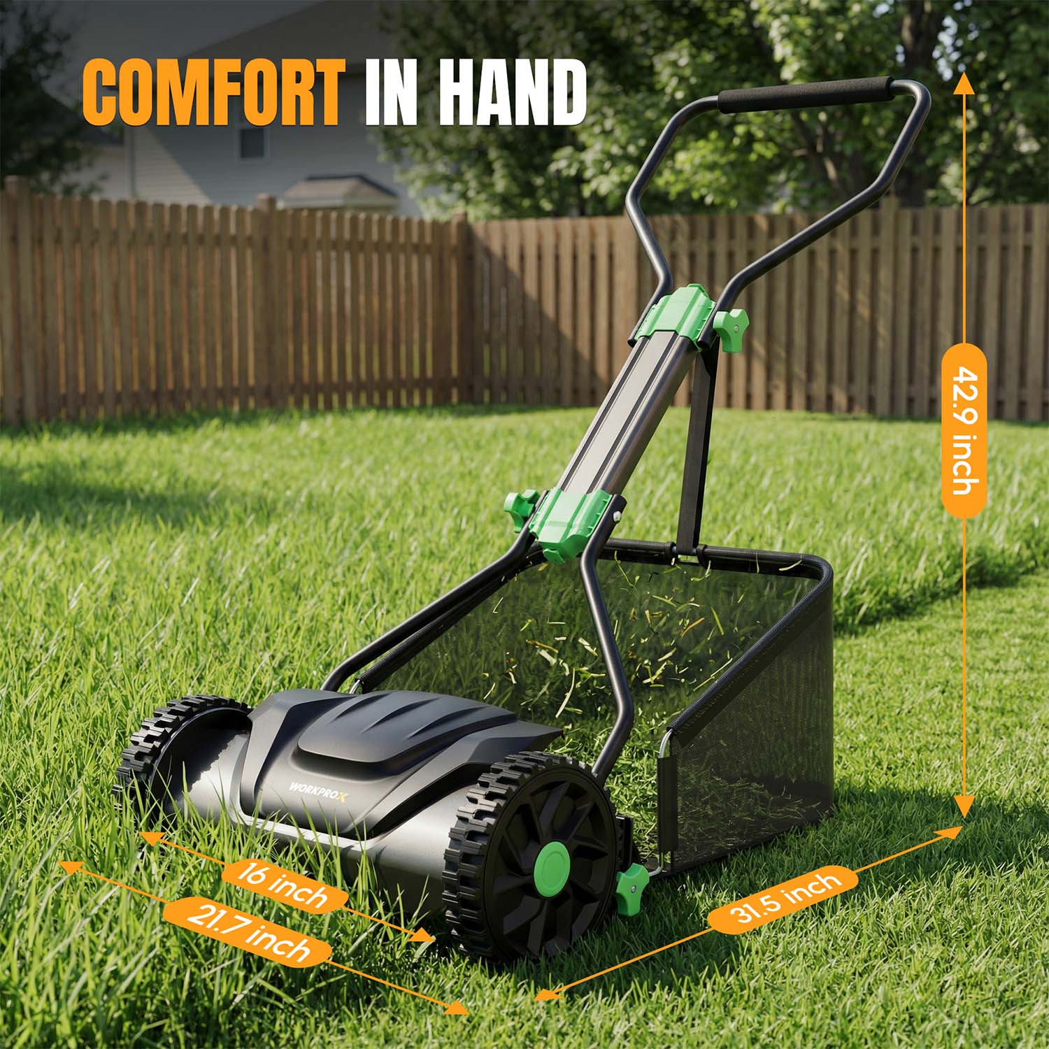 WORKPROX 16" Push Reel Lawn Mower with Grass Catcher, 5-Blade Manual Mower, Adjustable Height - Image 9