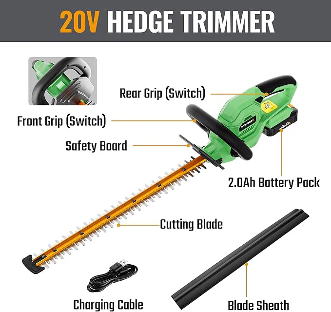WORKPROX 20V Cordless Hedge Trimmer, 22" Dual-Action Blade, 3/4" Cutting Capacity - Image 3