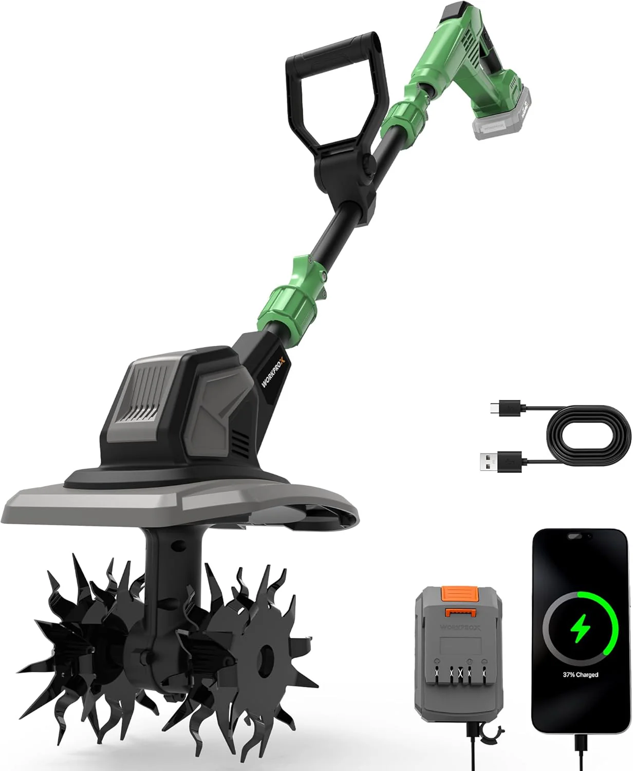 WORKPROX 20V Cordless Tiller Cultivator, 4×12 Durable Steel Tines, 8-Inch Wide & Deep Garden Rototiller, 4.0Ah Battery Powered, Electric Cultivator for Soil, Lawn & Garden
