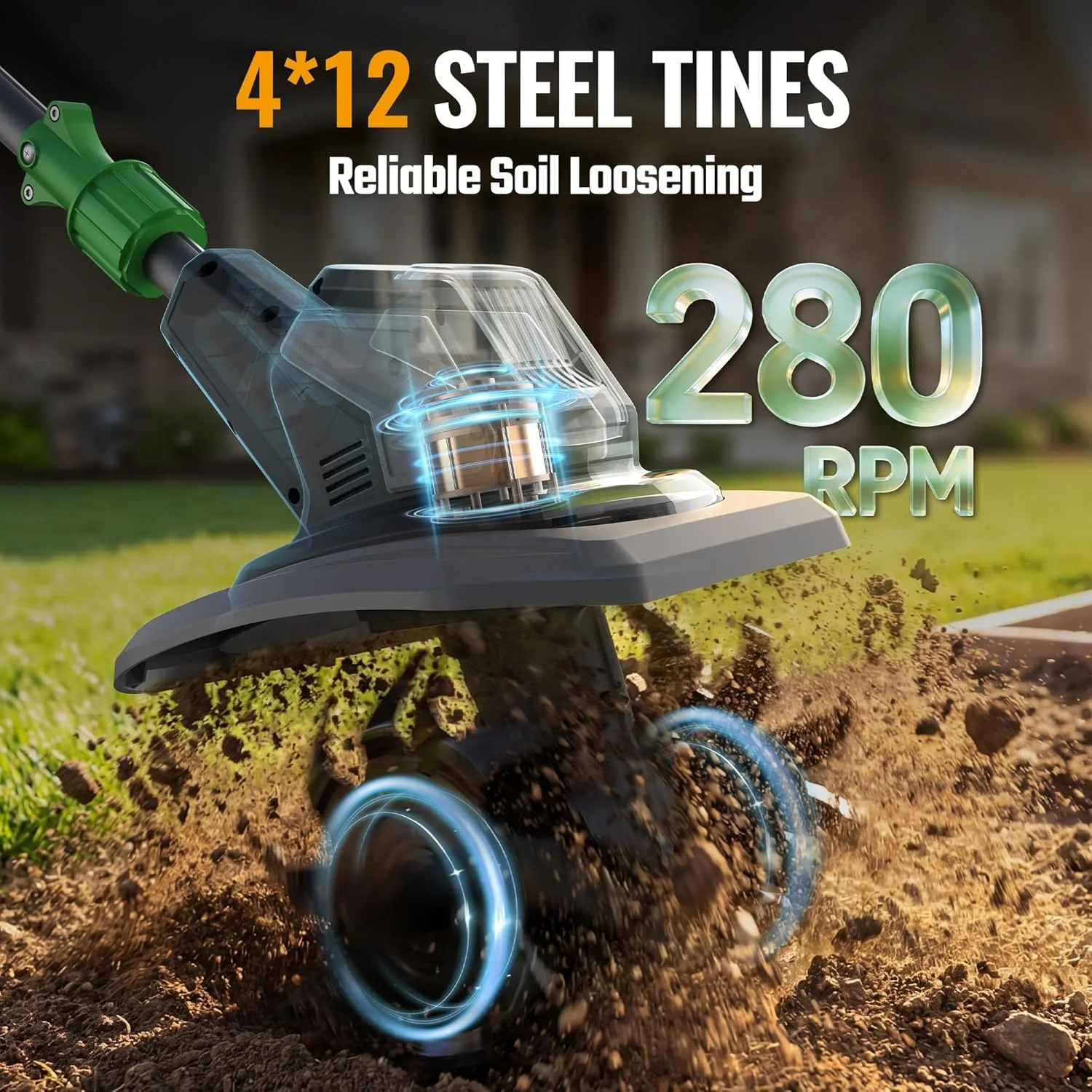 WORKPROX 20V Cordless Tiller Cultivator, 4×12 Durable Steel Tines, 8-Inch Wide & Deep Garden Rototiller, 4.0Ah Battery Powered, Electric Cultivator for Soil, Lawn & Garden - Image 3