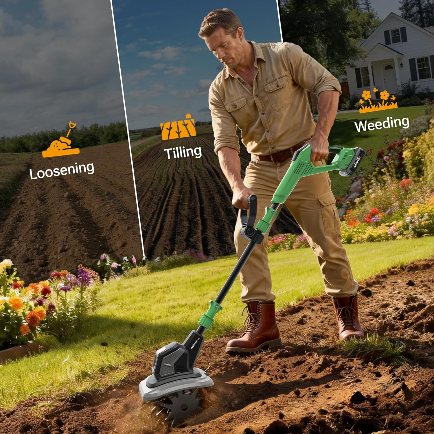 WORKPROX 20V Cordless Tiller Cultivator, 4×12 Durable Steel Tines, 8-Inch Wide & Deep Garden Rototiller, 4.0Ah Battery Powered, Electric Cultivator for Soil, Lawn & Garden - Image 8