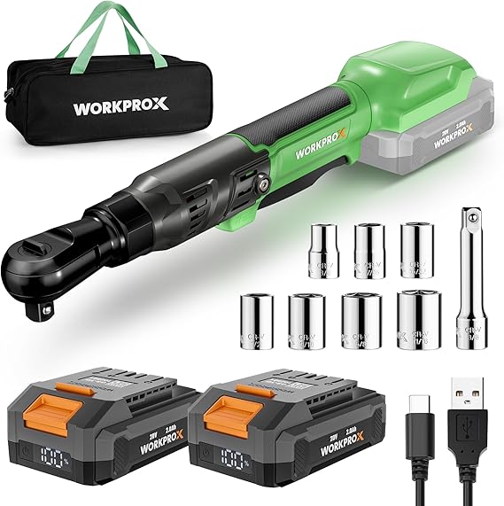 WORKPROX 20V Cordless Ratchet Wrench Kit, 1/2" & 3/8" Sockets, 74Ft-lbs, 250RPM, 2 Batteries - Image 10