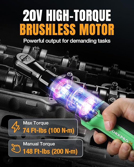 WORKPROX 20V Cordless Ratchet Wrench Kit, 1/2" & 3/8" Sockets, 74Ft-lbs, 250RPM, 2 Batteries - Image 11