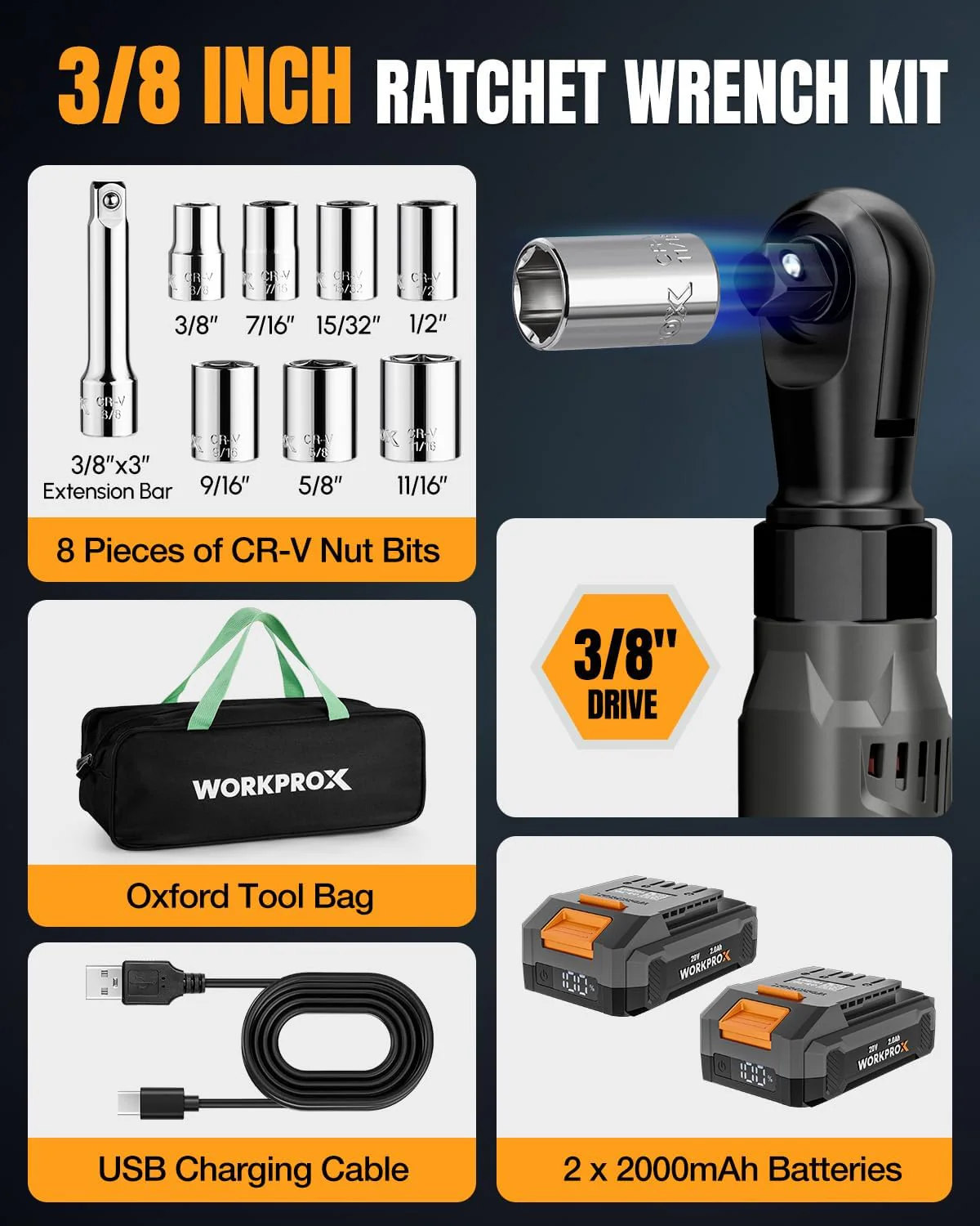 WORKPROX 20V Cordless Ratchet Wrench Kit, 1/2" & 3/8" Sockets, 74Ft-lbs, 250RPM, 2 Batteries - Image 17