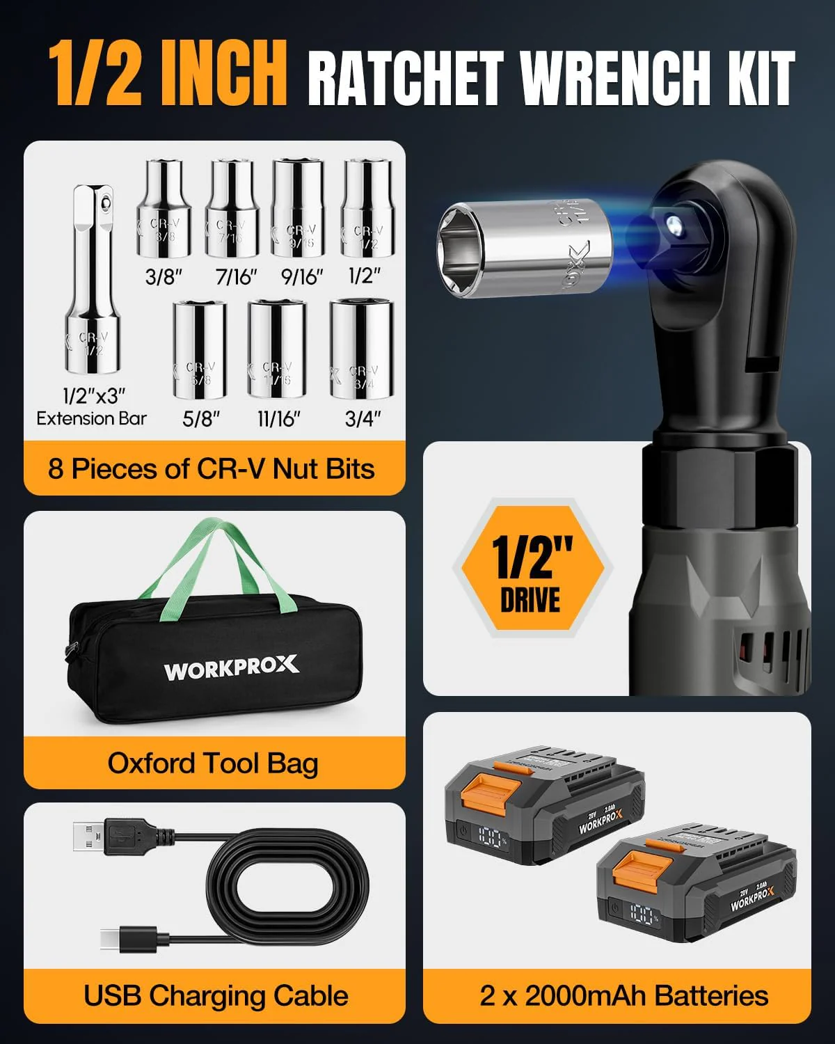 WORKPROX 20V Cordless Ratchet Wrench Kit, 1/2" & 3/8" Sockets, 74Ft-lbs, 250RPM, 2 Batteries - Image 3
