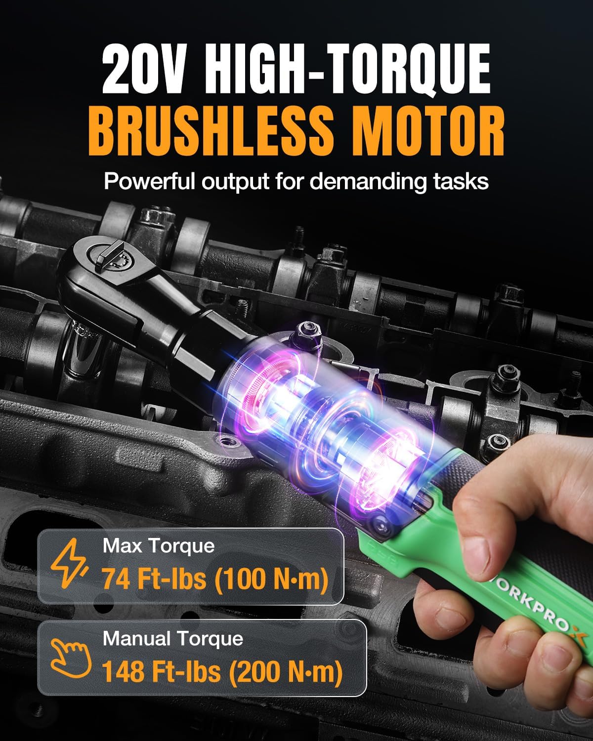 WORKPROX 20V Cordless Ratchet Wrench Kit, 1/2" & 3/8" Sockets, 74Ft-lbs, 250RPM, 2 Batteries - Image 9