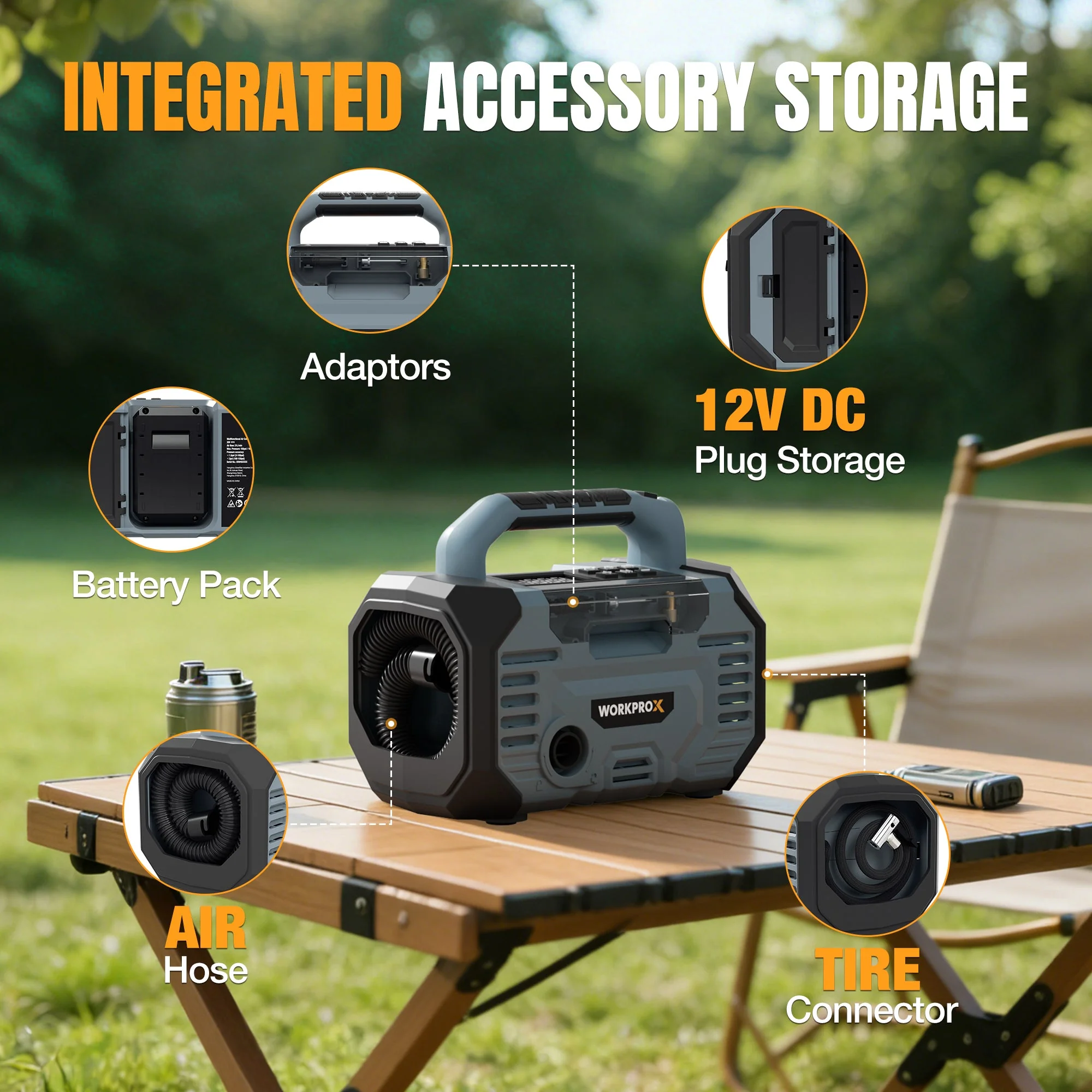 WORKPROX Tire Inflator Portable Air Compressor 150PSI – 12V DC & 20V Battery Car Air Pump, 2 Modes, Auto Shut-Off, Digital Gauge & LED Light, for Car, Bike, Ball & Air Mattress - Image 6