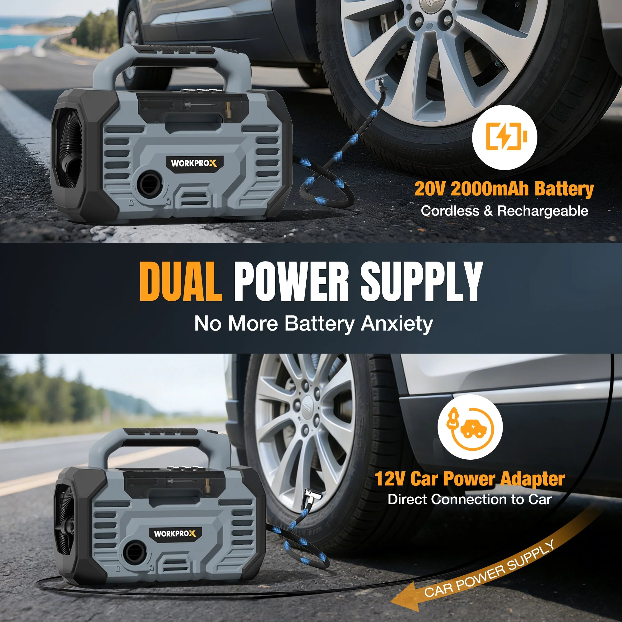 WORKPROX Tire Inflator Portable Air Compressor 150PSI – 12V DC & 20V Battery Car Air Pump, 2 Modes, Auto Shut-Off, Digital Gauge & LED Light, for Car, Bike, Ball & Air Mattress - Image 7